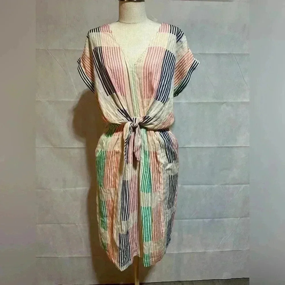 NEW Lou & Grey Loft Dress Sz S Short Sleeve Tie-Front Multicolor Striped V-Neck